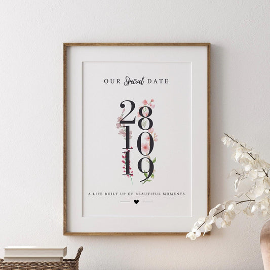 Custom Floral Anniversary Date Print: Birthday Gift for Partner Wife, Framed Date Poster