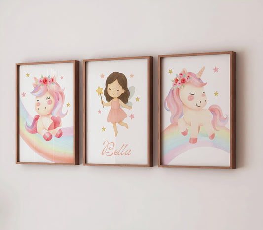 Personalised Unicorn Fairy Print Set: Girls Nursery Watercolor Decor