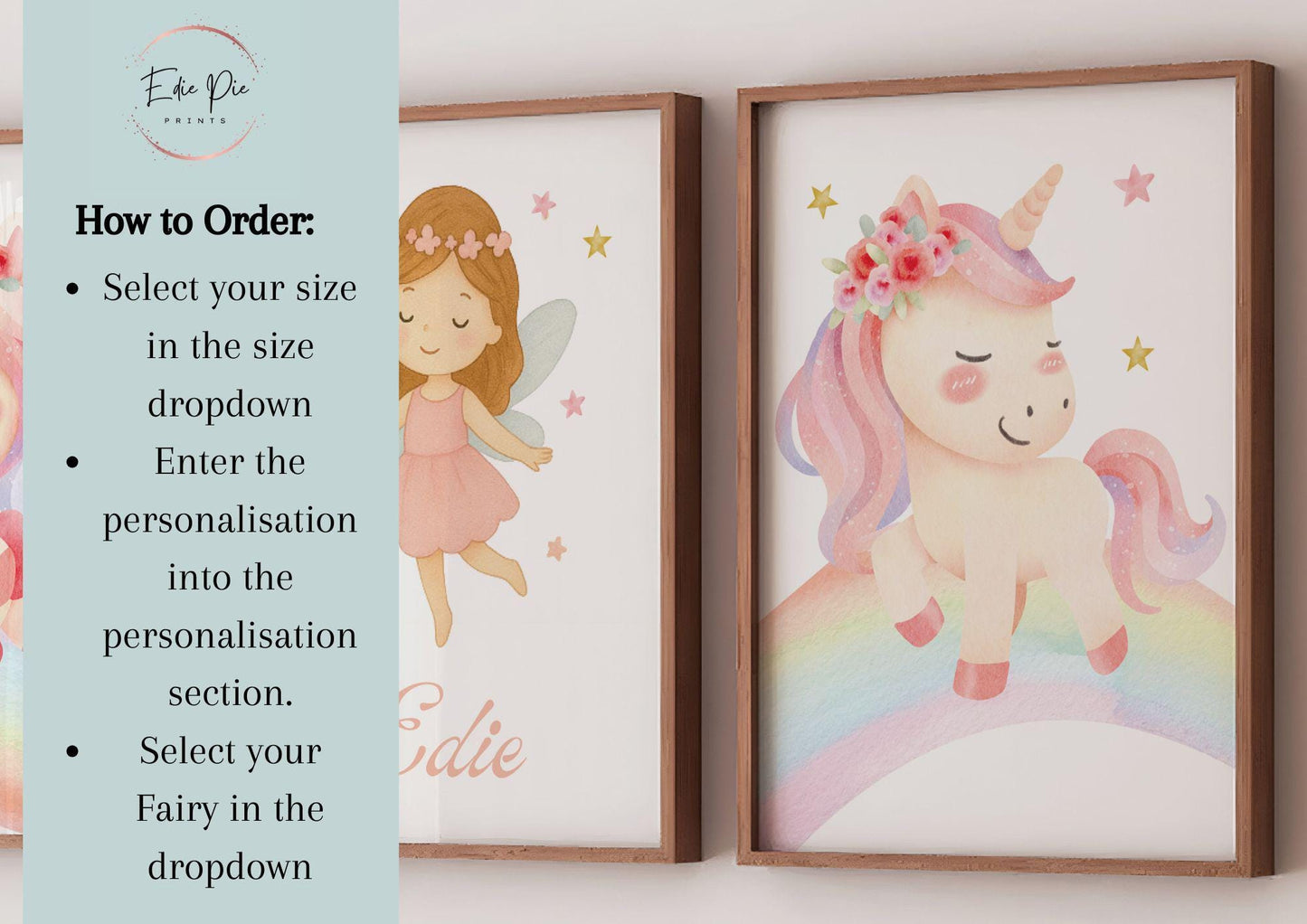 Personalised Unicorn Fairy Print Set: Girls Nursery Watercolor Decor