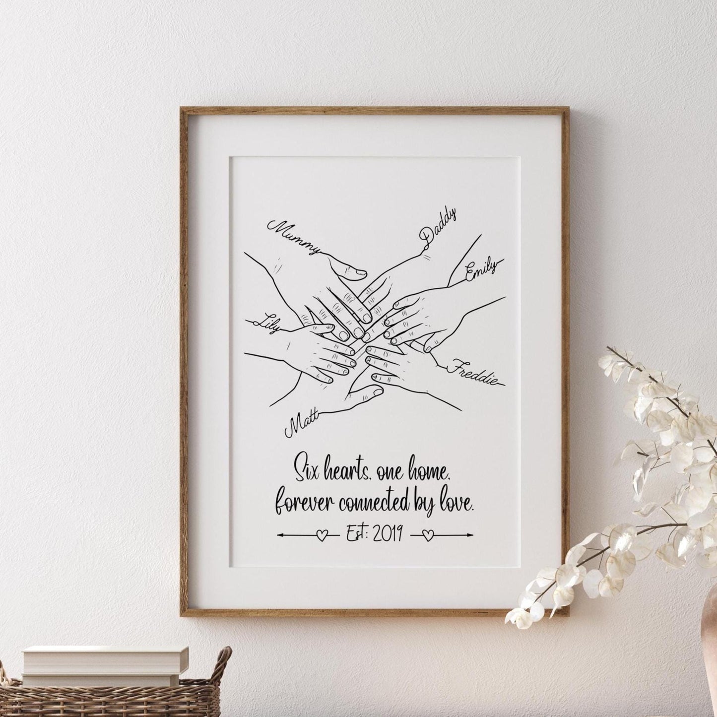 Personalised Family Hands Line Art Print: Custom Names Keepsake