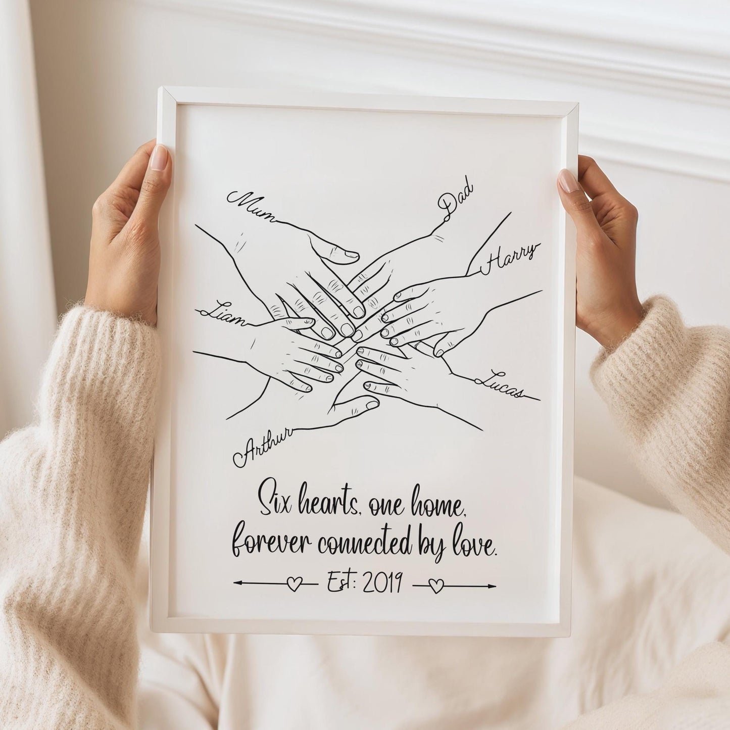 Personalised Family Hands Line Art Print: Custom Names Keepsake