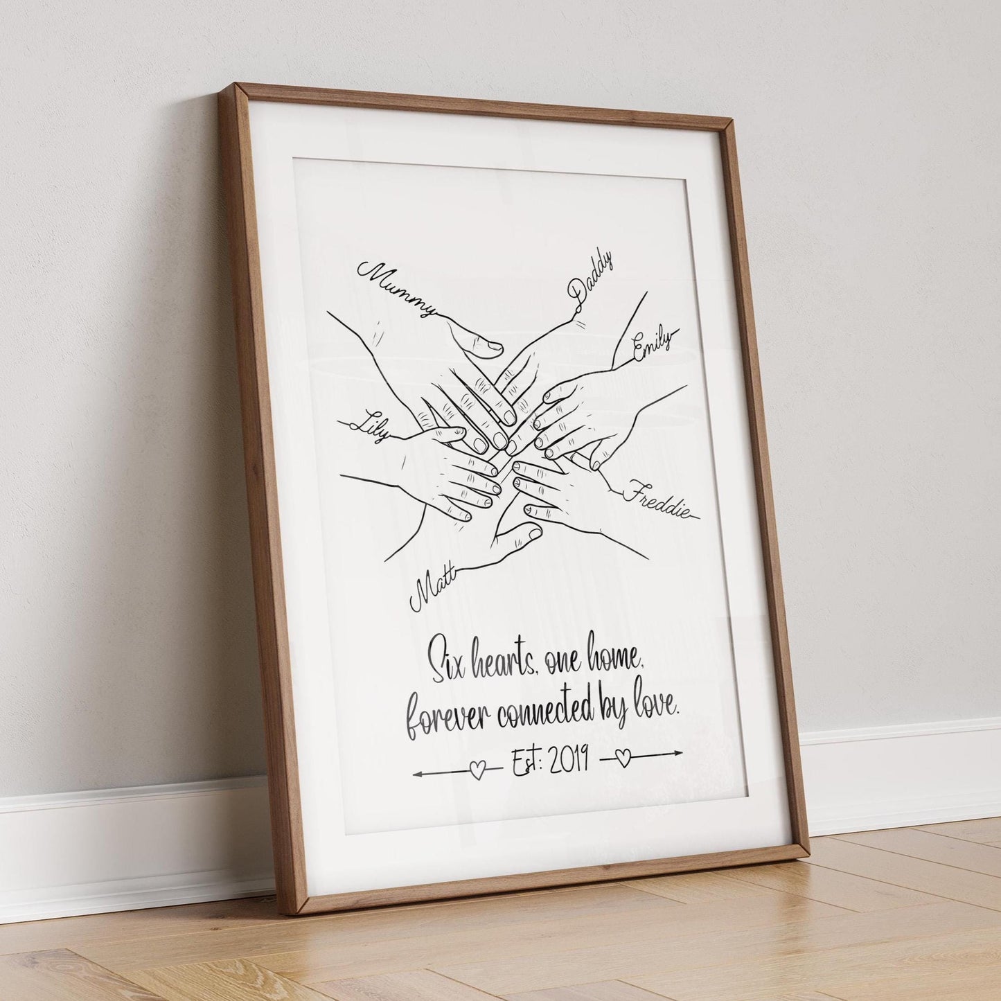 Personalised Family Hands Line Art Print: Custom Names Keepsake
