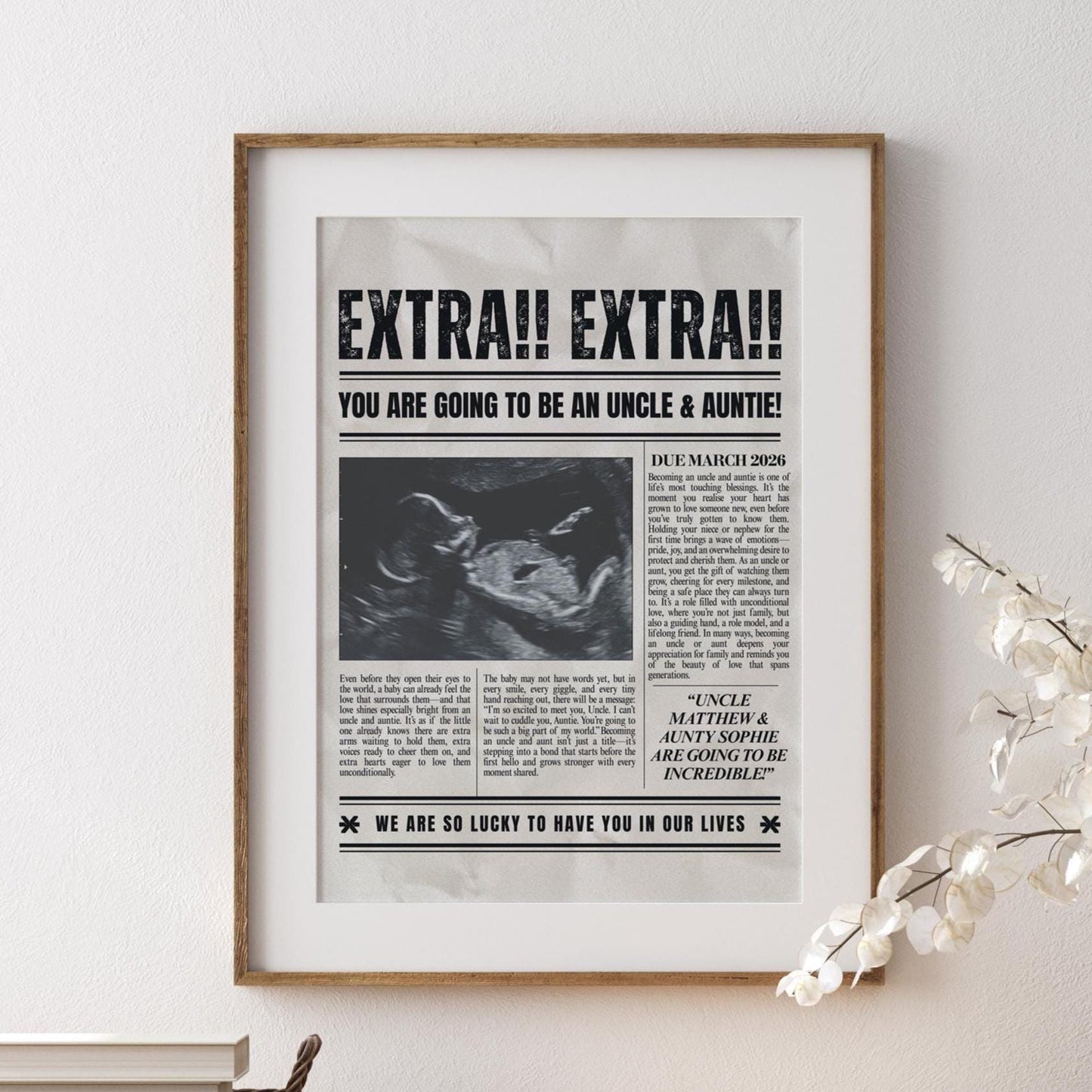 Custom Pregnancy Announcement Newspaper, Auntie & Uncle Baby Reveal