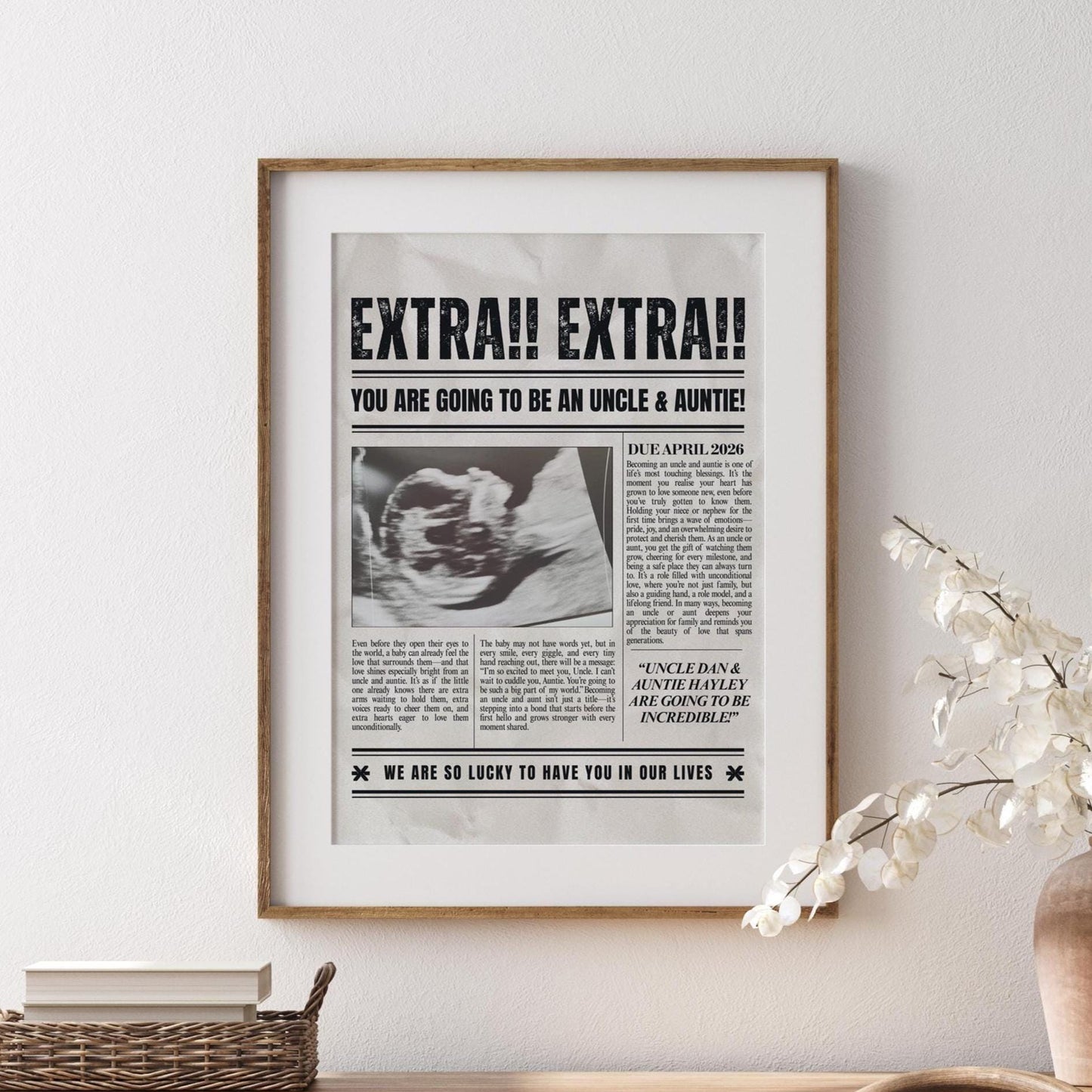 Custom Pregnancy Announcement Newspaper, Auntie & Uncle Baby Reveal