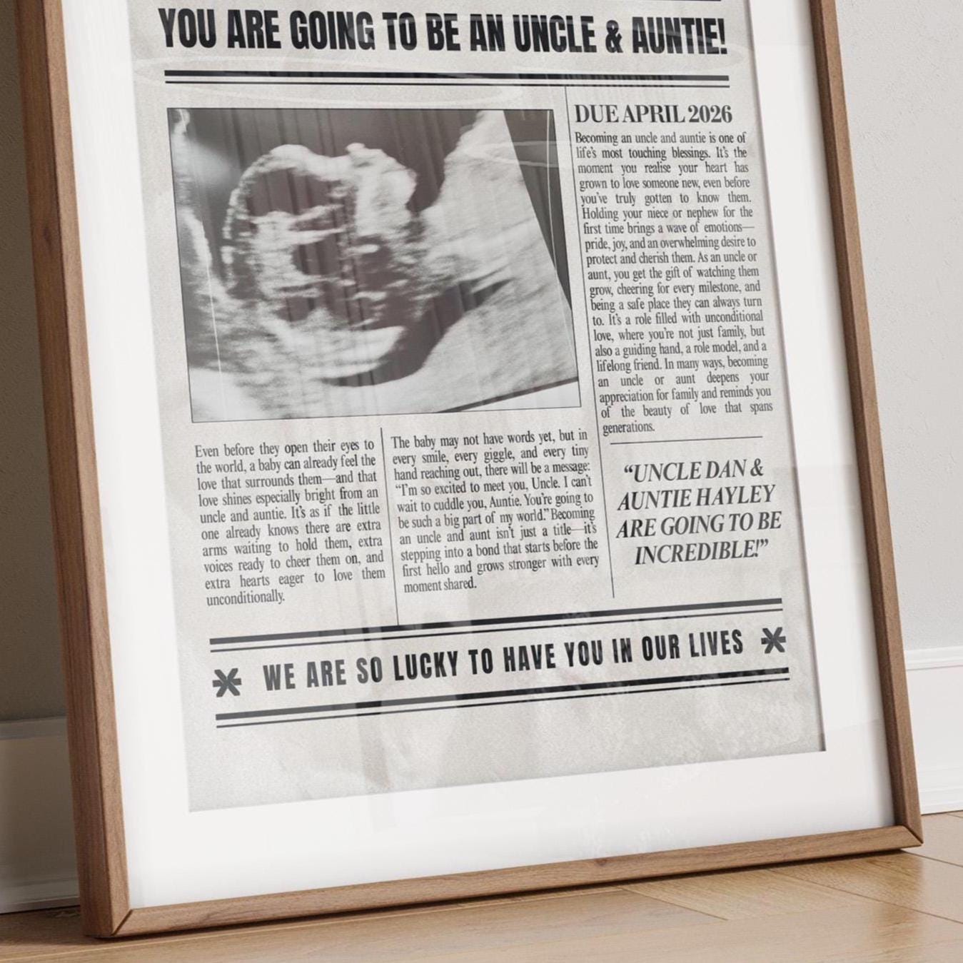 Custom Pregnancy Announcement Newspaper, Auntie & Uncle Baby Reveal