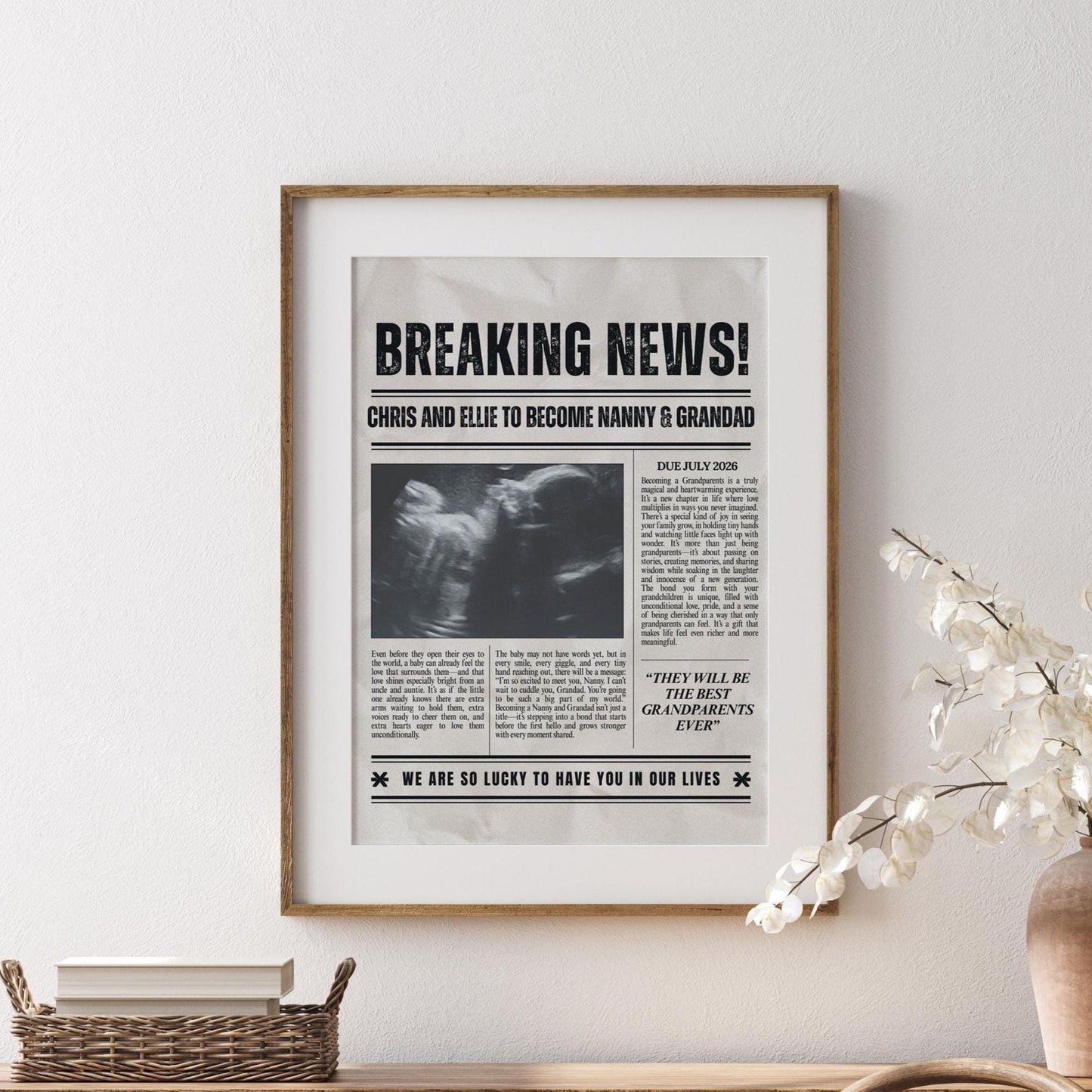 Custom Grandparents Baby Reveal, Pregnancy Announcement Newspaper, Ultrasound Photo, Nanny and Grampa Pregnancy Reveal
