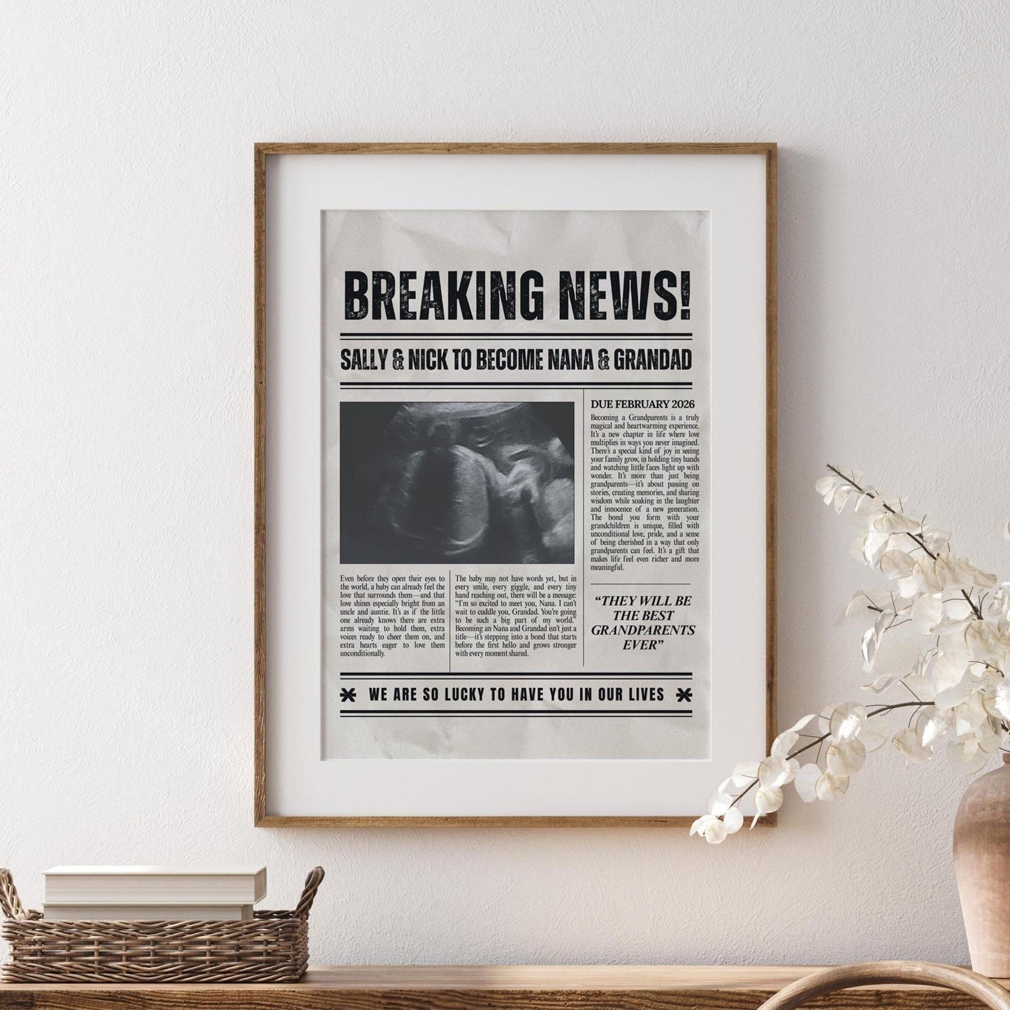 Custom Grandparents Baby Reveal, Pregnancy Announcement Newspaper, Ultrasound Photo, Nanny and Grampa Pregnancy Reveal