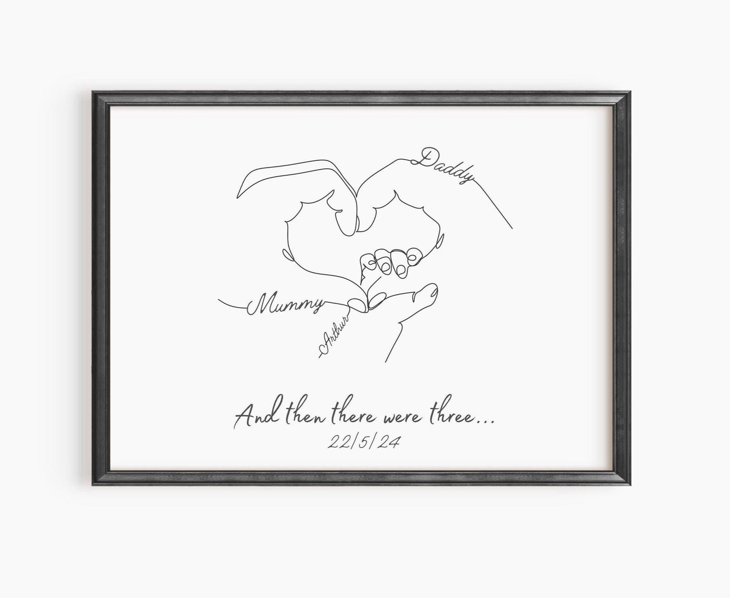 Custom baby handprint art print showcasing parent and child hands, ideal for nursery decor.
