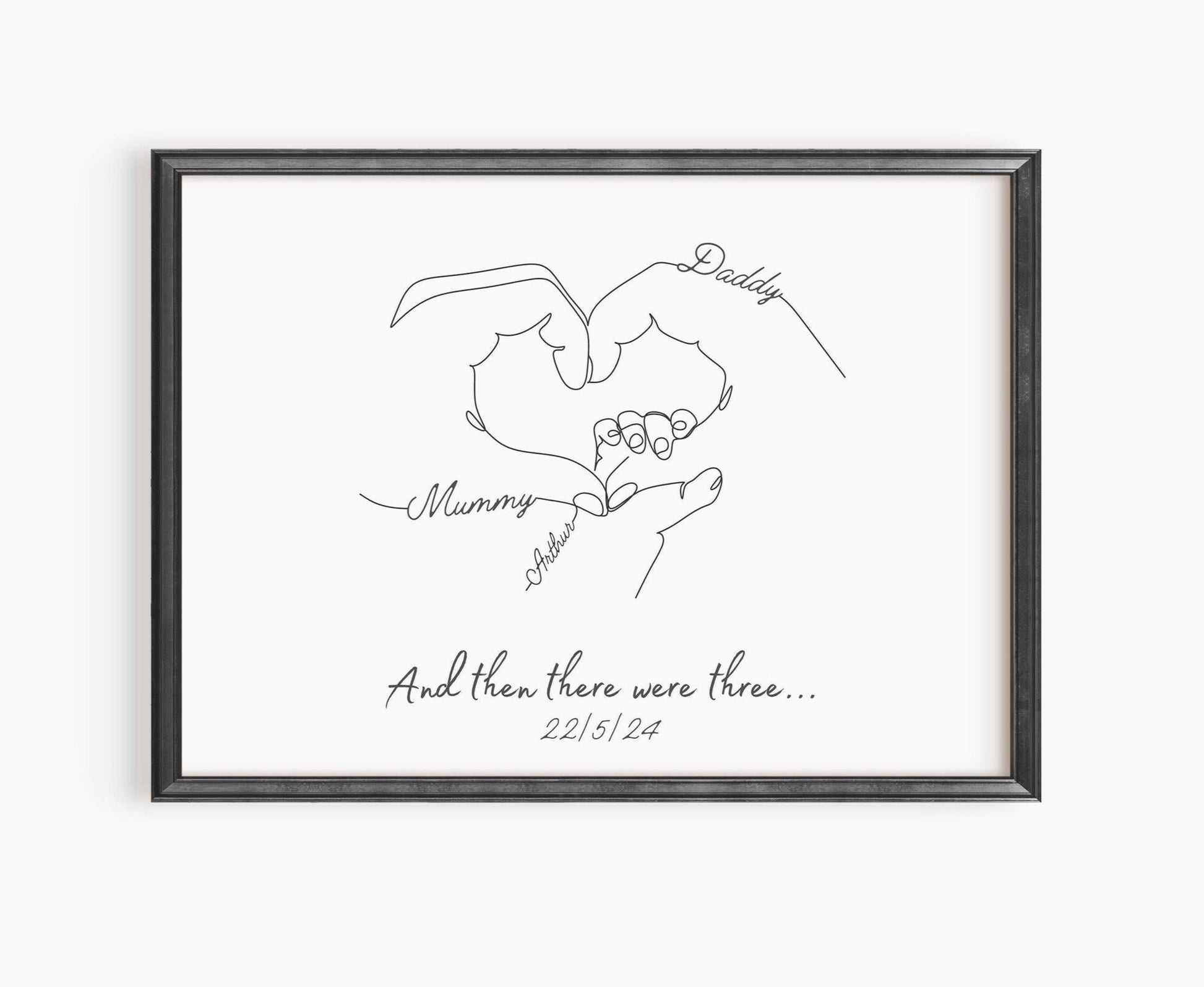 Custom baby handprint art print showcasing parent and child hands, ideal for nursery decor.