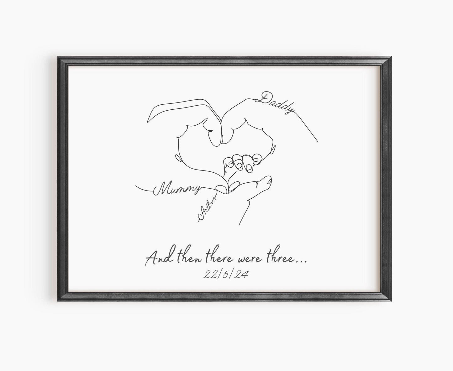 Custom baby handprint art print showcasing parent and child hands, ideal for nursery decor.