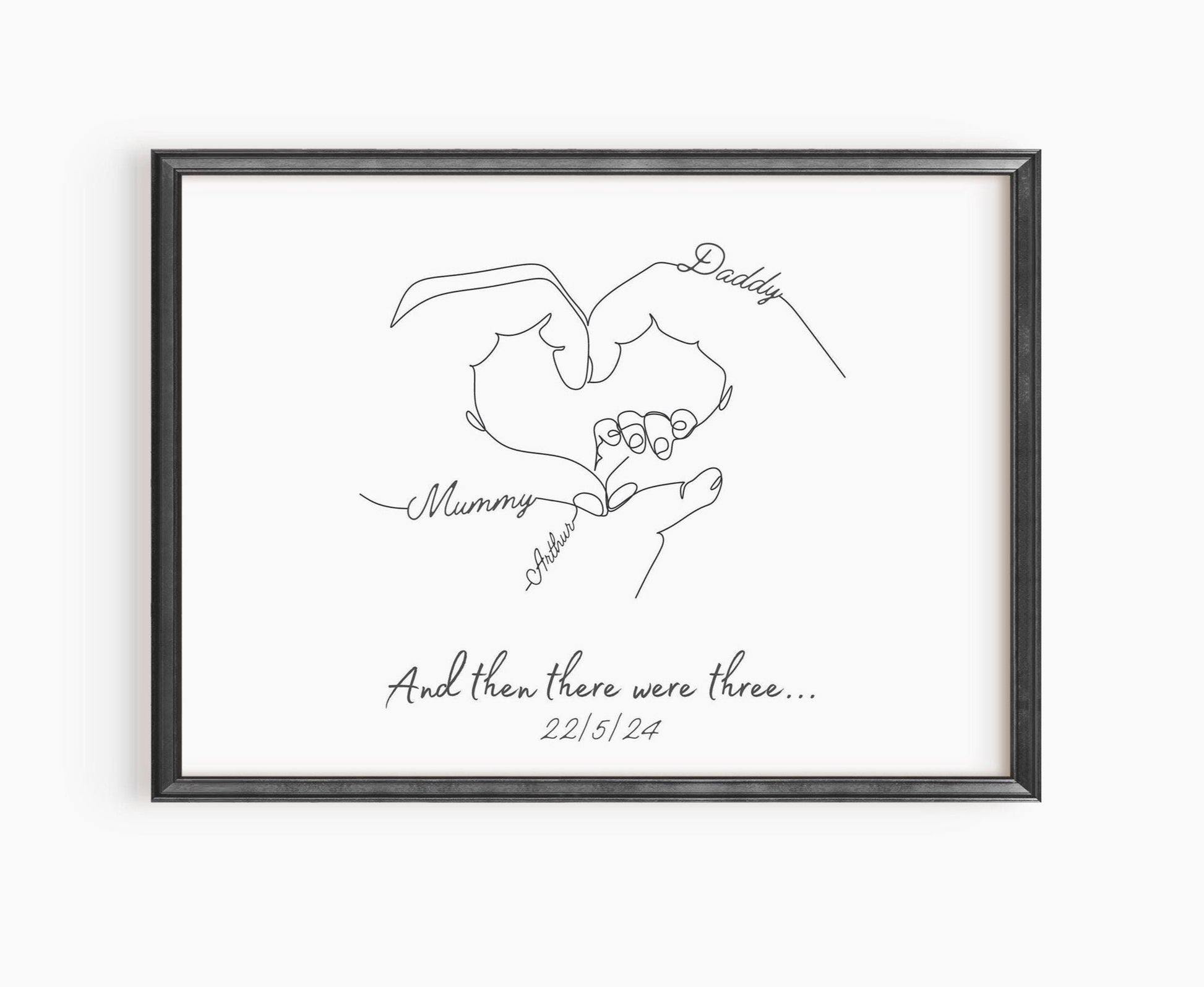 Custom baby handprint art print showcasing parent and child hands, ideal for nursery decor.