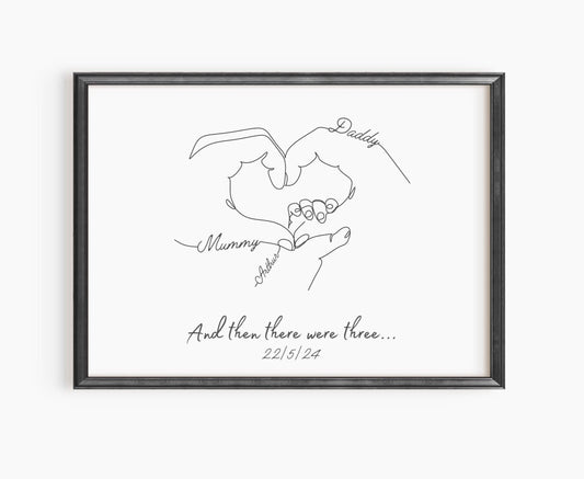 Custom baby handprint art print showcasing parent and child hands, ideal for nursery decor.