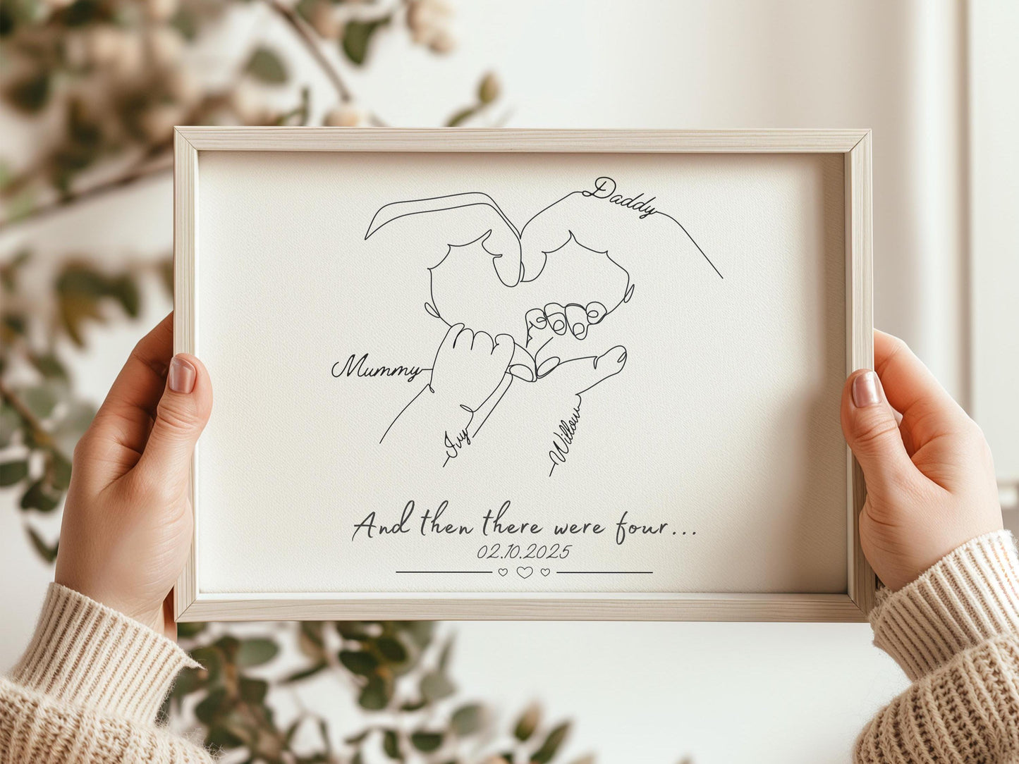 Personalised Second Baby Hand Line Art – Newborn Baby Print, Mum and Dad Gift